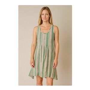 Gudrun Sjoden Dress Womens Medium Green Gray Striped Sleeveless Pockets Tunic